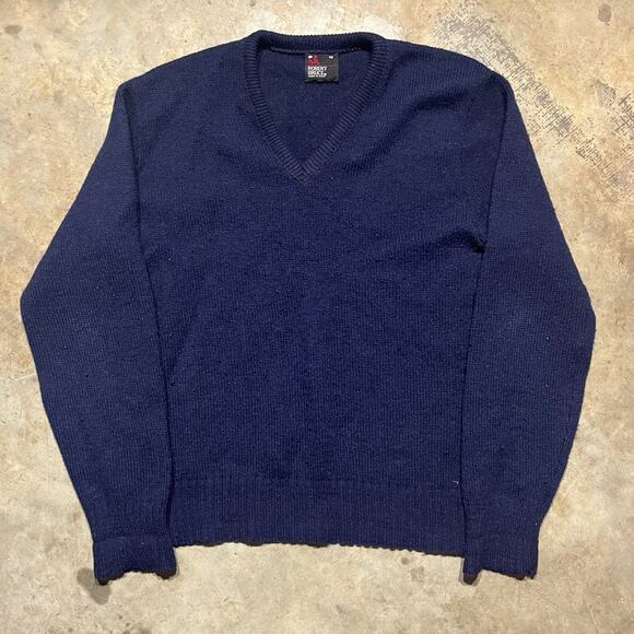 Vintage 80s Robert Bruce Navy V-Neck Wool Sweater - Picture 1 of 3